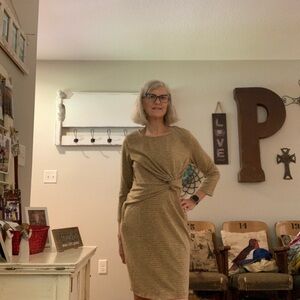 Knot-Front Mustard Stripe Long Sleeve Knit Dress - Womens